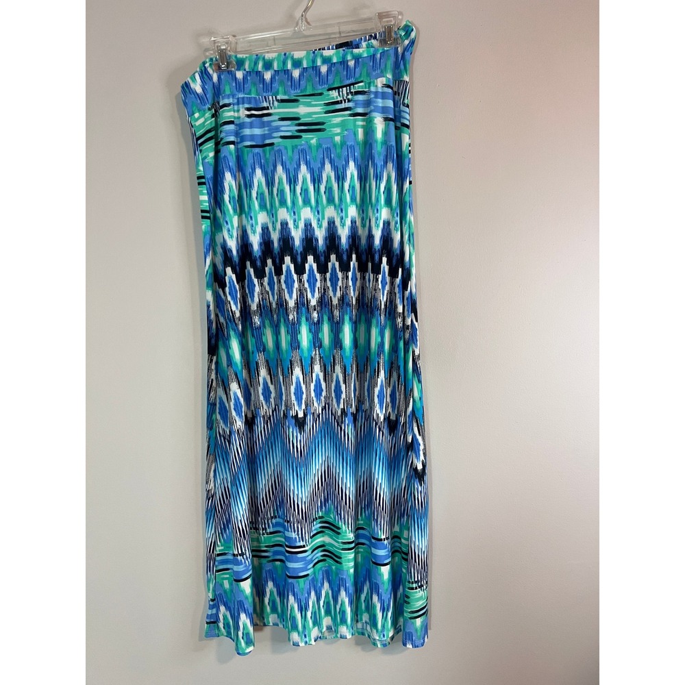 New Directions Womens Blue Green Ikat Geometric Print Maxi Skirt Size L 0416ROD